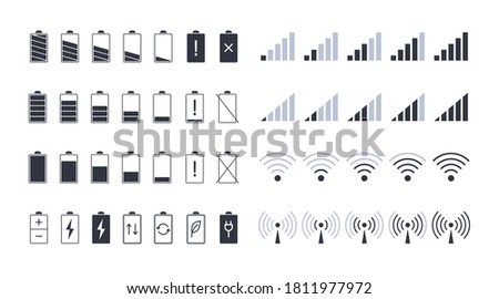 Battery and wifi signal icons. Editable stroke. Smartphone charge and battery coverage level vector icons. Black elements of the power scale of electronic device and mobile internet.