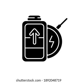 Battery wireless charging black glyph icon. No long cables. Innovational device usage. Getting electricity with modern technology. Silhouette symbol on white space. Vector isolated illustration