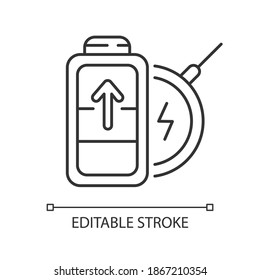 Battery wireless charging linear icon. No long cables. Innovational device usage. Thin line customizable illustration. Contour symbol. Vector isolated outline drawing. Editable stroke