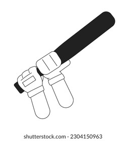 Bateo con vectores planos monocromáticos de murciélago de béisbol en las primeras manos. Bate de softball de alas. Deportes de cricket. Editable línea delgada cerrar pov en blanco. Sencilla imagen de spot de dibujos animados bw para diseño gráfico web