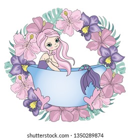 BATTING MERMAID a mermaid is bathing in a bath, and around a large wreath of flowers