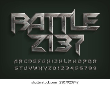 Battle 2137 alphabet font. Distressed metal letters and numbers in futuristic style. Stock vector typeface for your design.