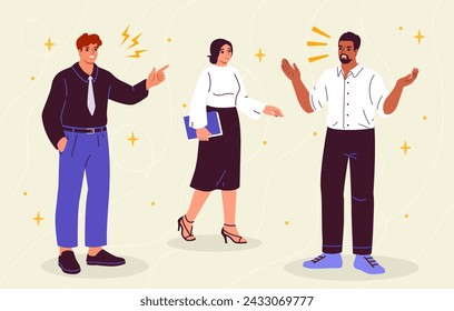 Battle among people concept. Woman look at two men in conflict. Bad relations between colleagues and partners. Different interests. Cartoon flat vector illustration isolated on beige background