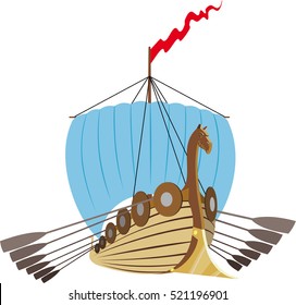 Battle ancient Viking ship under blue sail, red flag and oars isolated on white background.