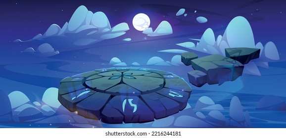 Battle arena, magic altar with runes in float night sky with clouds. Cartoon game background with floating round platform covered with glowing ancient signs and flying rocks, Vector illustration