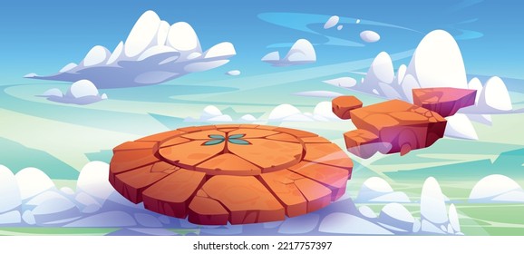 Arena de batalla, altar mágico con pistas en cielo azul flotante con nubes. Fondo del juego de caricatura con plataforma redonda flotante cubierta de brillantes signos antiguos y rocas voladoras, ilustración del vector