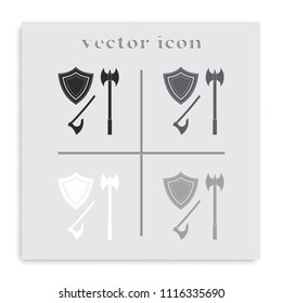 Battle ax and shield flat black and white vector icon.