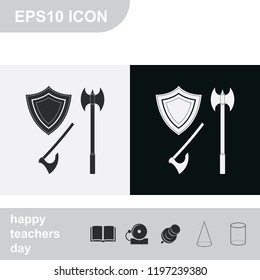 Battle ax and shield flat black and white vector icon.