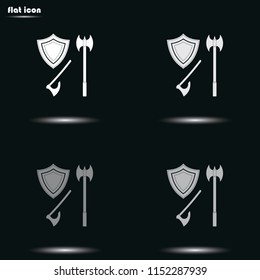 Battle ax and shield flat grayscale vector icon.