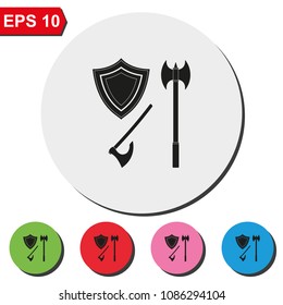 Battle ax and shield flat round colorful vector icon.