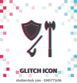 Battle ax and shield  glitch effect vector icon.