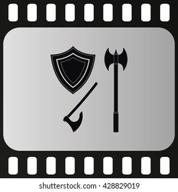 Battle ax and shield icon.