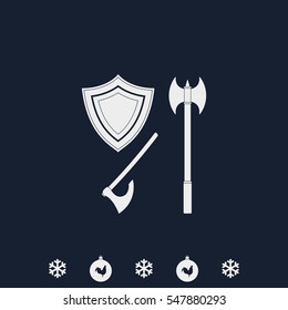 Battle ax and shield icon.