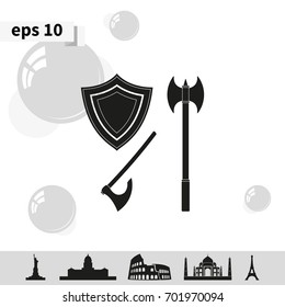 Battle ax and shield icon.