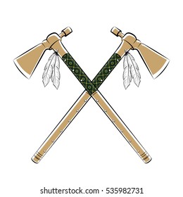 Battle Ax Tomahawk Throwing. The Famous Weapons Ethnic American Indians. Native Americans. Color, Two Crossing. For Logos And Designs. Vector.