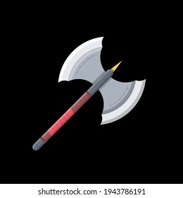 Battle Axe with Handle. Broad Axe, Two-sided Axe, Medieval Axe. for Barbarian RPG fighter classes Weapon Vector for Animation, Video Games, Vector illustration
