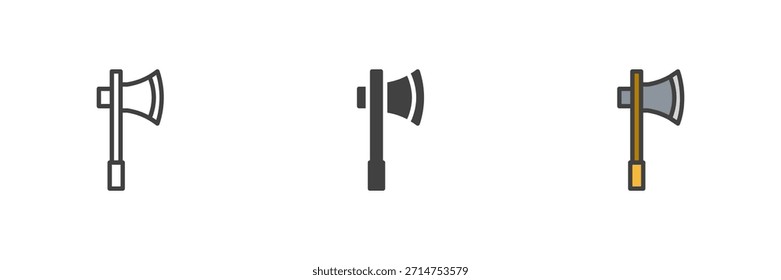 Juego de iconos de estilo diferente de armas medievales de hacha de batalla. Línea, contorno relleno e ícono de Vector de color sólido. Símbolo de hacha pesada, signo de combate, icono de guerrero.