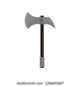 Battle axe with sharp steel blade and wooden grip. Medieval weapon. Flat vector design