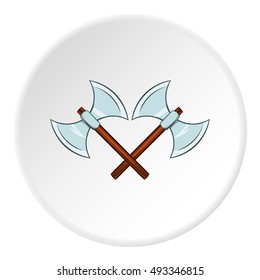 Battle axes with two tips icon in cartoon style isolated on white circle background. Combat weapon symbol vector illustration