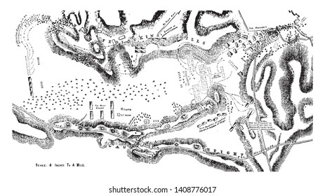 Battle of Balaclava which is Charge of the light cavalry at Balaclava, vintage line drawing or engraving illustration.