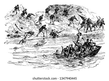 Battle of Ball Bluff is also known as the Battle of Harrison Island or the Battle of Leesburg, vintage line drawing or engraving illustration.