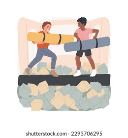 Battle beam isolated cartoon vector illustration. Teenagers fighting with fun, teens beam competition, enjoying extreme sport on trampoline, active lifestyle, leisure time vector cartoon.