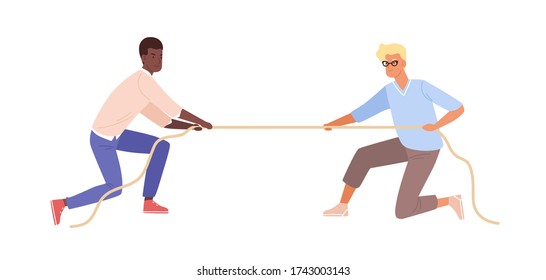 Battle between black skin man and european guy vector flat illustration. Two male fight for rights pulling opposite ends of rope isolated on white background. Modern people resistance to leadership