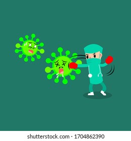 La batalla entre el médico y el demonio del virus. Médico que luchó con el coronavirus (Covid-19). Concepto de protección antivirus. Ilustración del vector