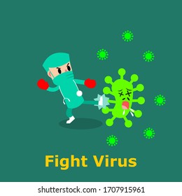 The battle between the doctor and the virus demon. Doctor who fought with the coronavirus(Covid-19). Virus protection concept. Vector illustration
