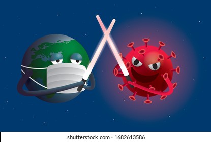 the battle between earth and coronavirus or better known as covid19 cartoon character vector/illustration