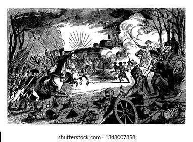  Batalla entre las fuerzas revolucionarias del general George Washington y las fuerzas británicas, dibujo vintage de líneas o ilustración grabadora.