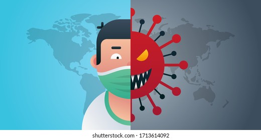 The battle between humans and Covid-19 virus concept, Flat design vector illustration, Gradient background.