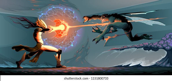 Battle Between Magician Elf And Reptilian Monster. Cartoon Vector Fantasy Illustration