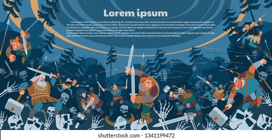 A battle between the northerners and the armies of the dead. Poster, banner fictional medieval fantastic warriors battle scene. Vector flat style illustration