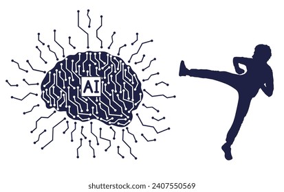 Battle between person and artificial intelligence. Vector illustration