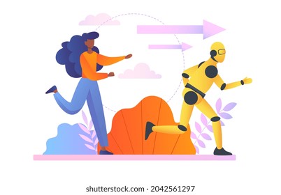 Battle between robot and human concept. Woman competes with droid in running speed and. Artificial intelligence has overtaken humans. Cartoon flat vector illustration isolated on white background