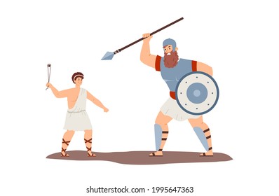 Battle of Biblical David and giant Goliath, flat vector illustration isolated on white background. Bible Old testament story of ancient king David feats.