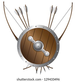 Battle bows and arrows and shield medieval archer. Vector illustration.