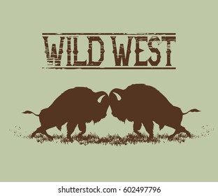 battle of buffaloes between themselves.Wild west vector illustration