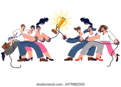 Battle of business people from different departments of company, fighting for ownership of golden cup and tug of war. Battle office employees wishing to receive title of best team in corporation.