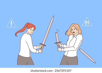 Battle of business women using swords to fight for vacant managerial position with high salary. Girl defeats competitor in business battle for client, demonstrating strength and self-confidence