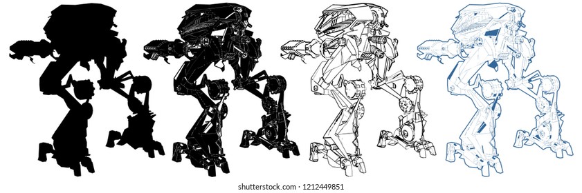 Battle Combat Robot Isolated On The White Background Vector 04