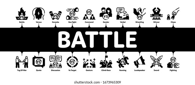 Battle Competition Minimal Infographic Web Banner Vector. Champion Battle, Box And Run Sport Championship, Chess And Karaoke, Loudspeaker And Sword Illustrations