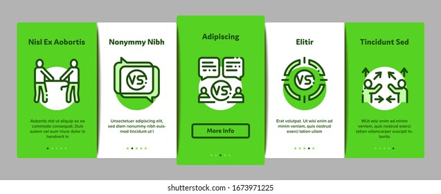 Kampf Wettbewerb Onboarding Mobile App Page Screen Vektorillustration. Champion Battle, Box and Run Sport Championship, Schach und Karaoke, Lautsprecher- und Schwertfarben Illustrationen