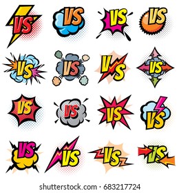 Battle competition versus vector logos set. Vs rivals challenge emblems and labels. Battle challenge sport, versus opposite color, duel and fight in match illustration