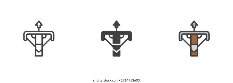 Ballesta de batalla medieval arma a distancia conjunto de iconos de estilo diferente. Línea, contorno relleno e ícono de Vector de color sólido. Símbolo de arma de asedio, señal de ataque.