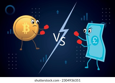 Battle of currencies bitcoin vs fiat pounds. Currencies fight on a stylized background.
