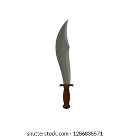 Battle dagger with sharp blade and wooden grip. Old pirate saber. Medieval weapon. Flat vector icon