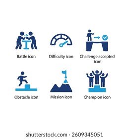 Battle, Difficulty, Challenge accepted, Obstacle, Mission, Champion, Blue Icon Set