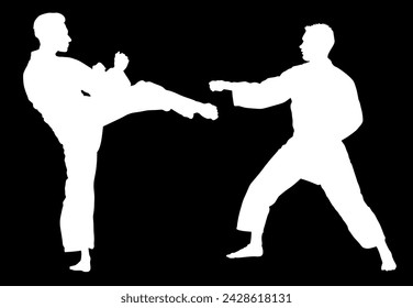 Ilustración aislada de la silueta del vector de los luchadores del hombre del karate del duelo de batalla. Disciplina deportiva de arte marcial de Japón. Habilidades de autodefensa de los chicos. En cuerpo sano y mente sana. Protégete contra el agresor.